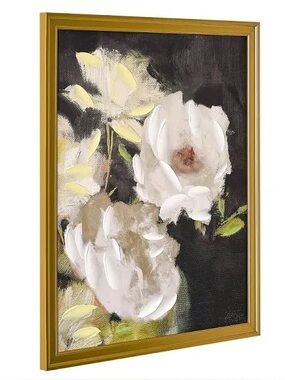 NWT Hand Painted Romantic White Florals Gold Wood Framed Canvas Wall Art 16 X 20